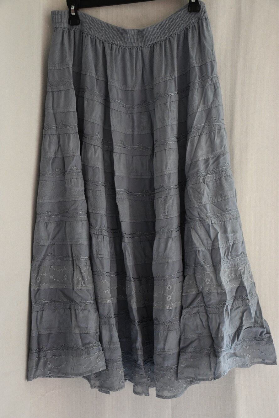 Coldwater Creek Tiered Maxi Skirt Silver Blue Boho Floral Embroidered Size 1X